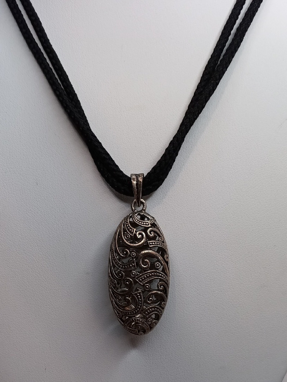 Black Cord Necklace with Ornate Silver Oval Pendant